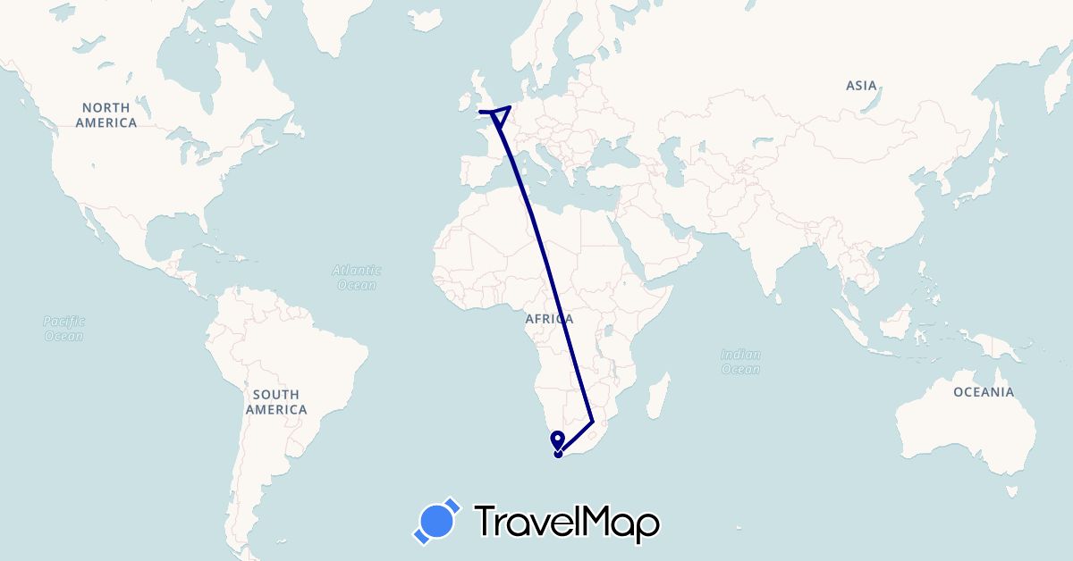 TravelMap itinerary: driving in France, United Kingdom, Netherlands, South Africa (Africa, Europe)
